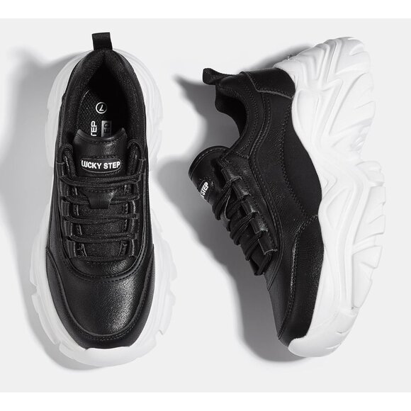 Brand New Women Black/White Rubber LUCKY STEP Chunky Platform Walking Sneaker - Picture 6 of 9